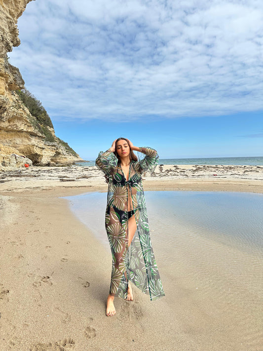 Yeşil Yaprak Desenli Tül Pareo Elbise