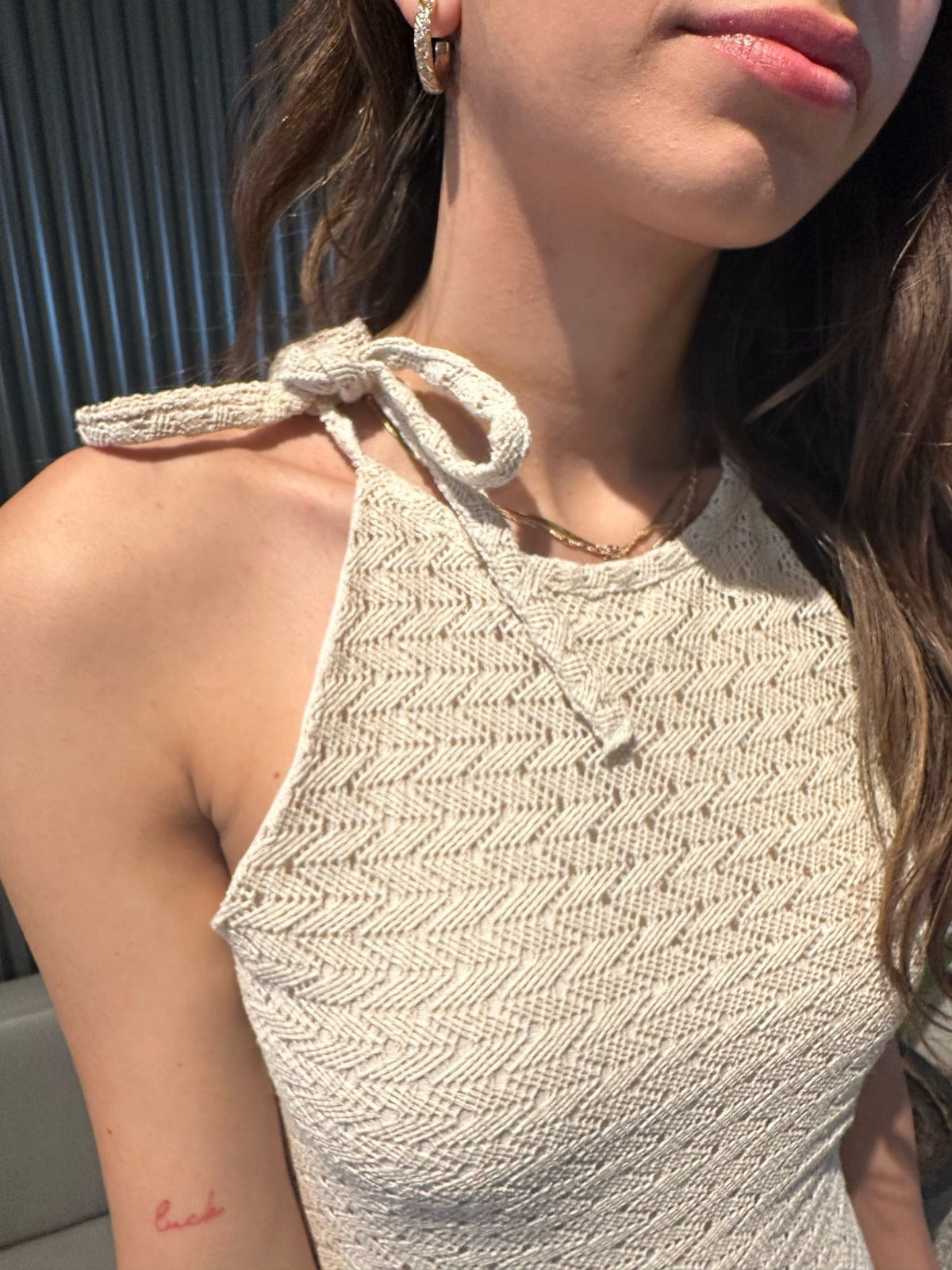 Halter Yaka Ekru Renk Natural Uzun Çan Elbise Luna Elbise