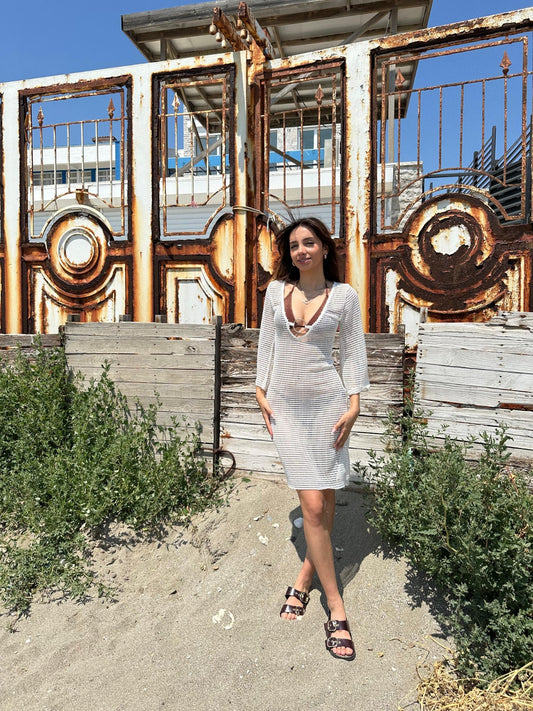 Beyaz File Triko Kısa Plaj Elbise V Yaka