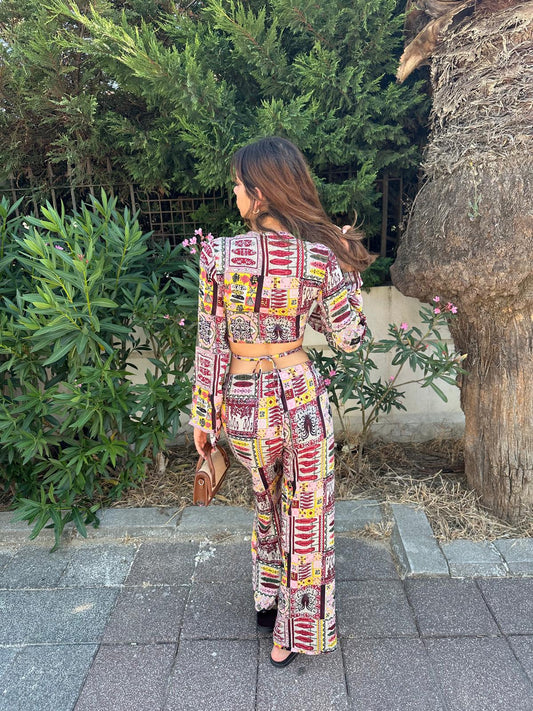 CherryLane Renkli Etnik Desenli Bohem Stil Yazlık Takım – İspanyol Kol Crop Üst ve Salaş Pantolon