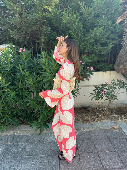 Yaprak Desenli İspanyol Kollu Bol Paça Yazlık Takım