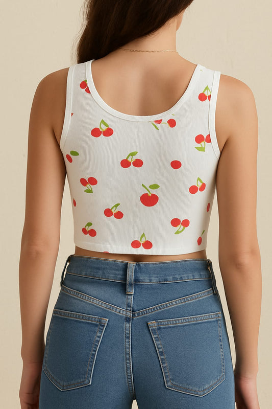 CherryLane Kiraz Desenli Ribanalı Beyaz Crop Atlet