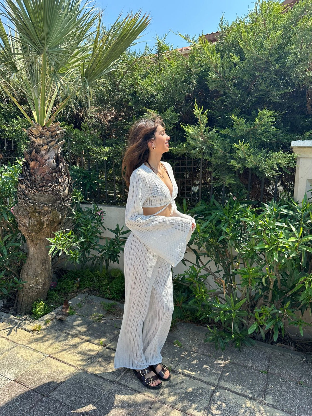 File Triko Yazlık Takım – Bağlamalı Krop Bol Paça Pantolon