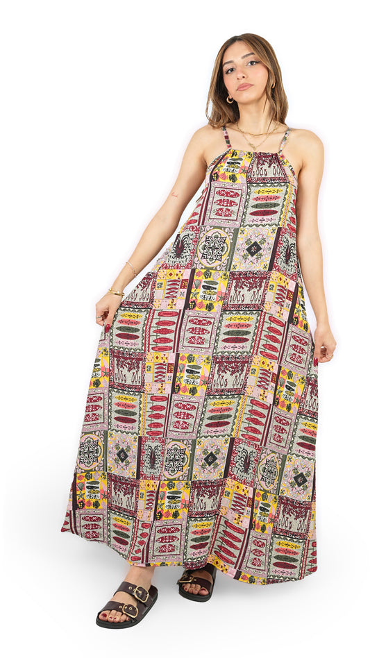 Etnik Desenli Halter Yaka Askılı Uzun Yazlık Elbise