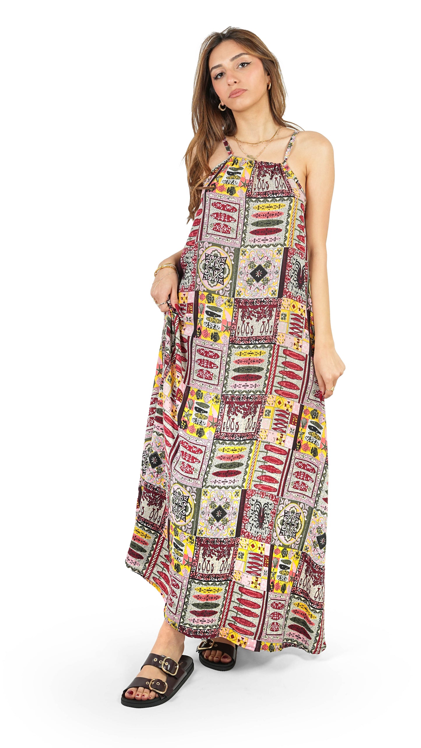 Etnik Desenli Halter Yaka Askılı Uzun Yazlık Elbise