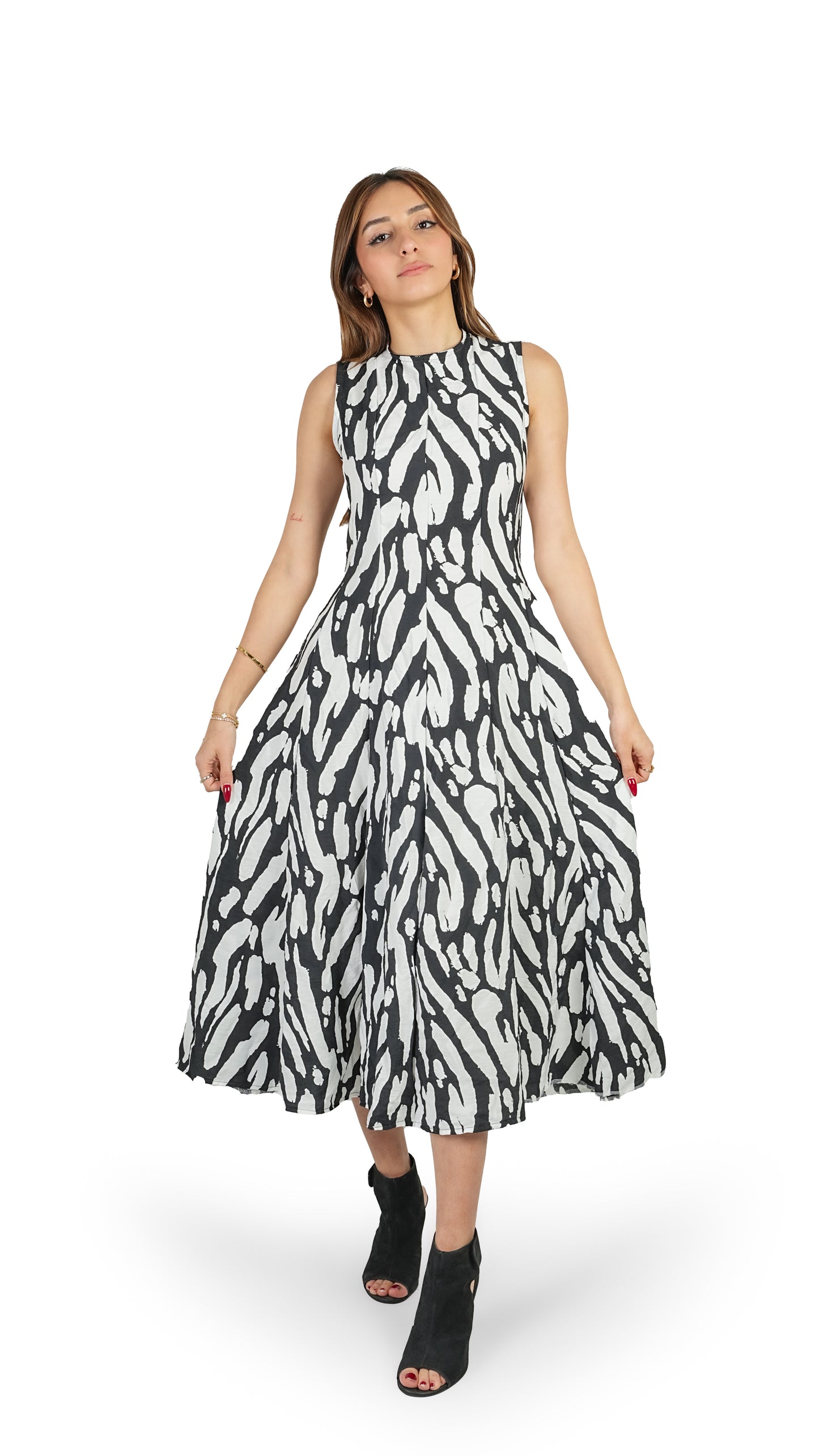 Zebra Desenli Midi Boy Kolsuz Elbise