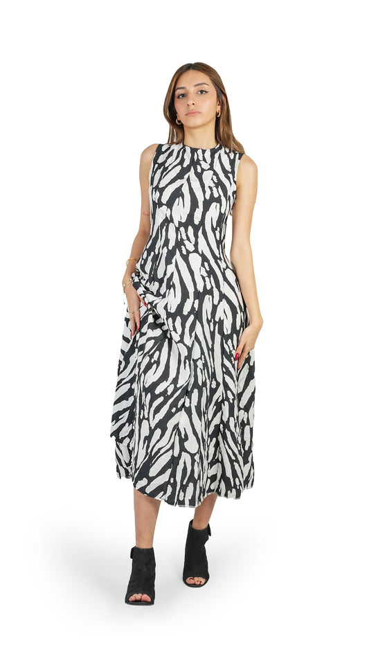 Zebra Desenli Midi Boy Kolsuz Elbise