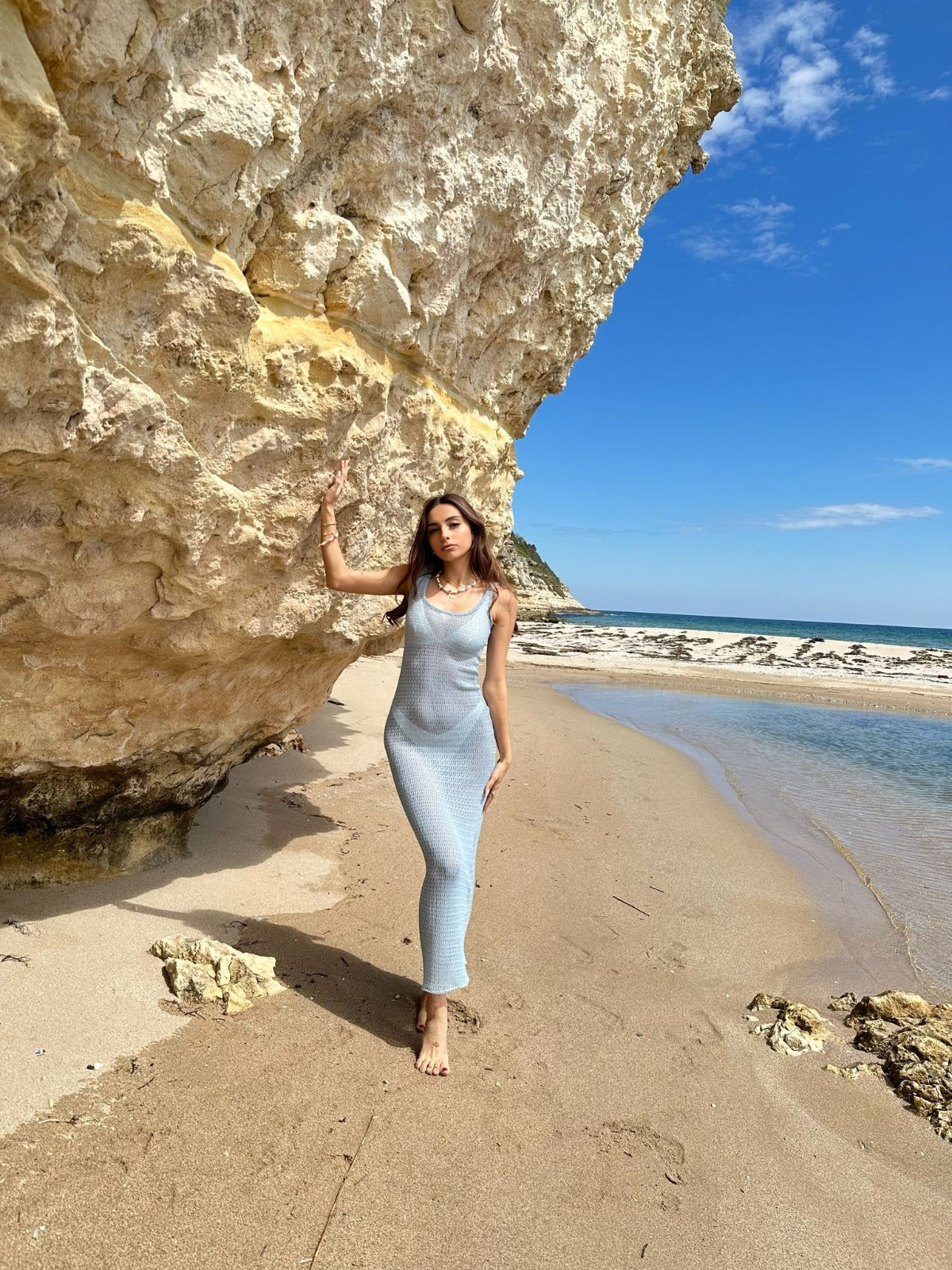 Bebek Mavisi Triko Yazlık Plaj Elbise