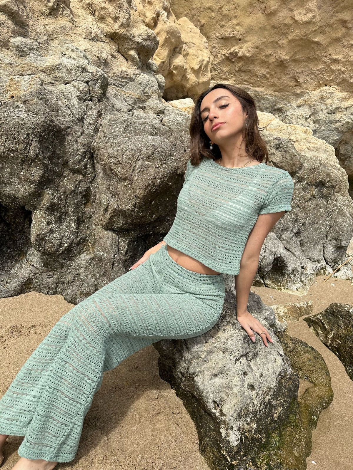 Yeşil Triko Transparan T-Shirt Pantolon Takım