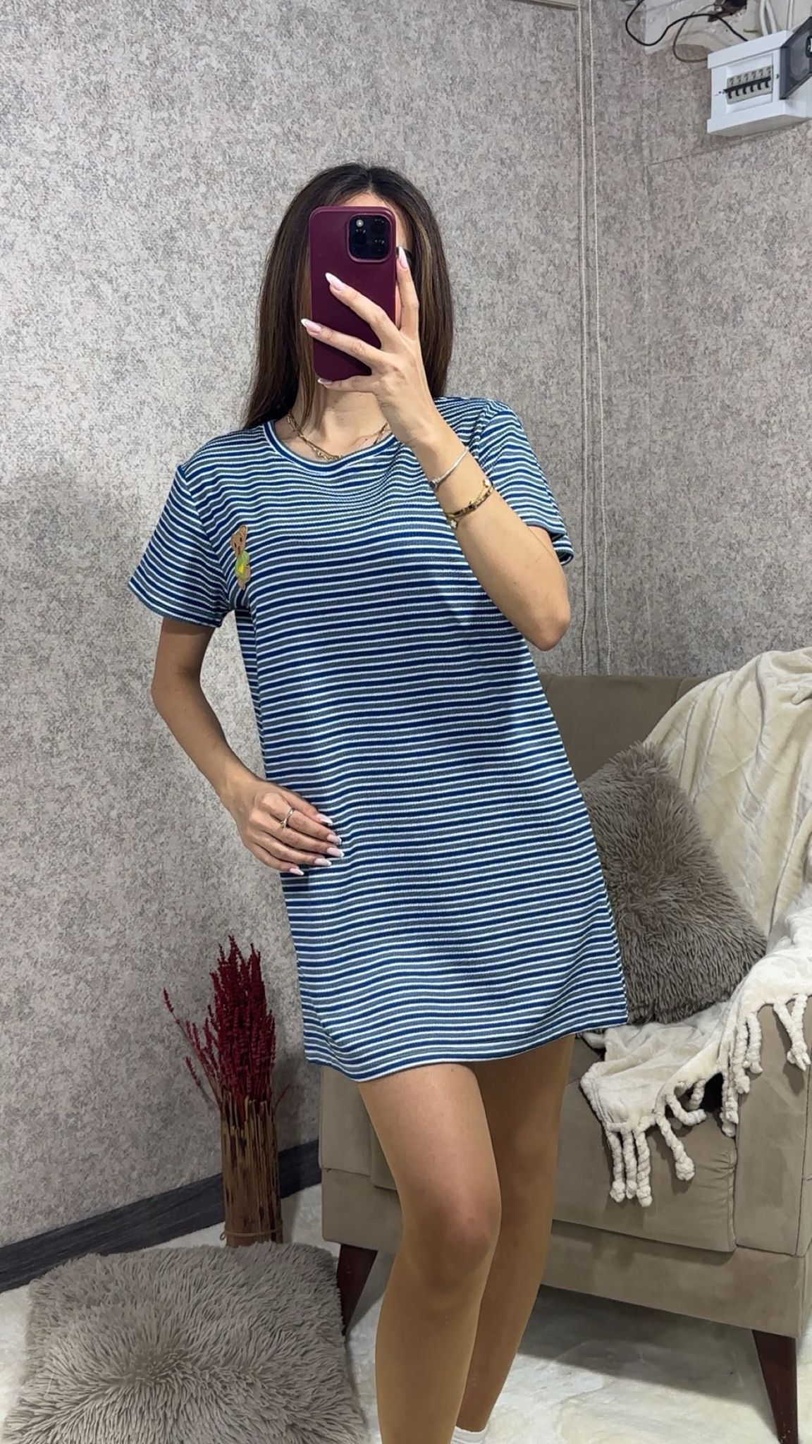 Mavi Beyaz Çizgili T-Shirt Elbise