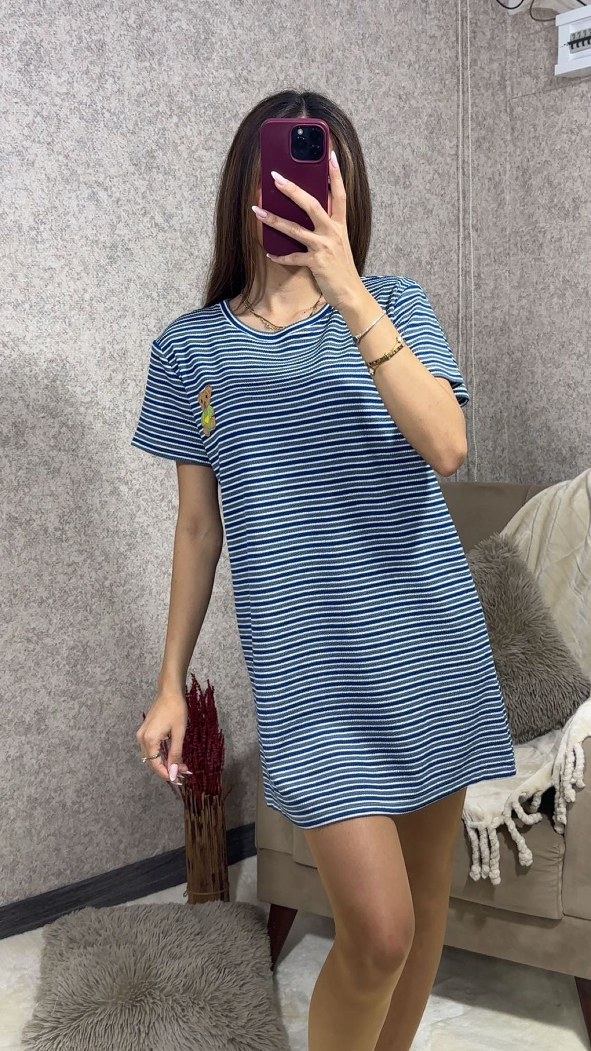 Mavi Beyaz Çizgili T-Shirt Elbise