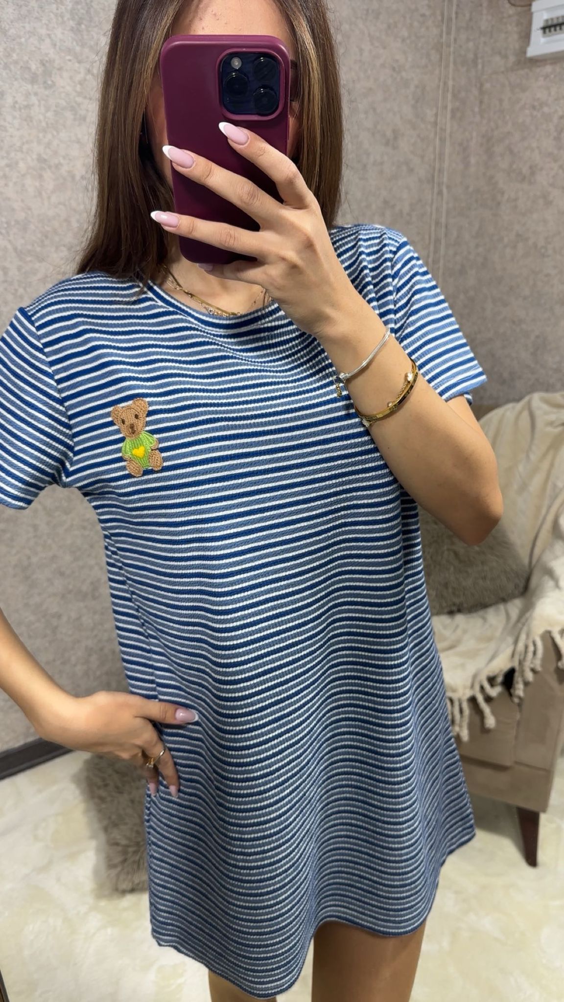 Mavi Beyaz Çizgili T-Shirt Elbise