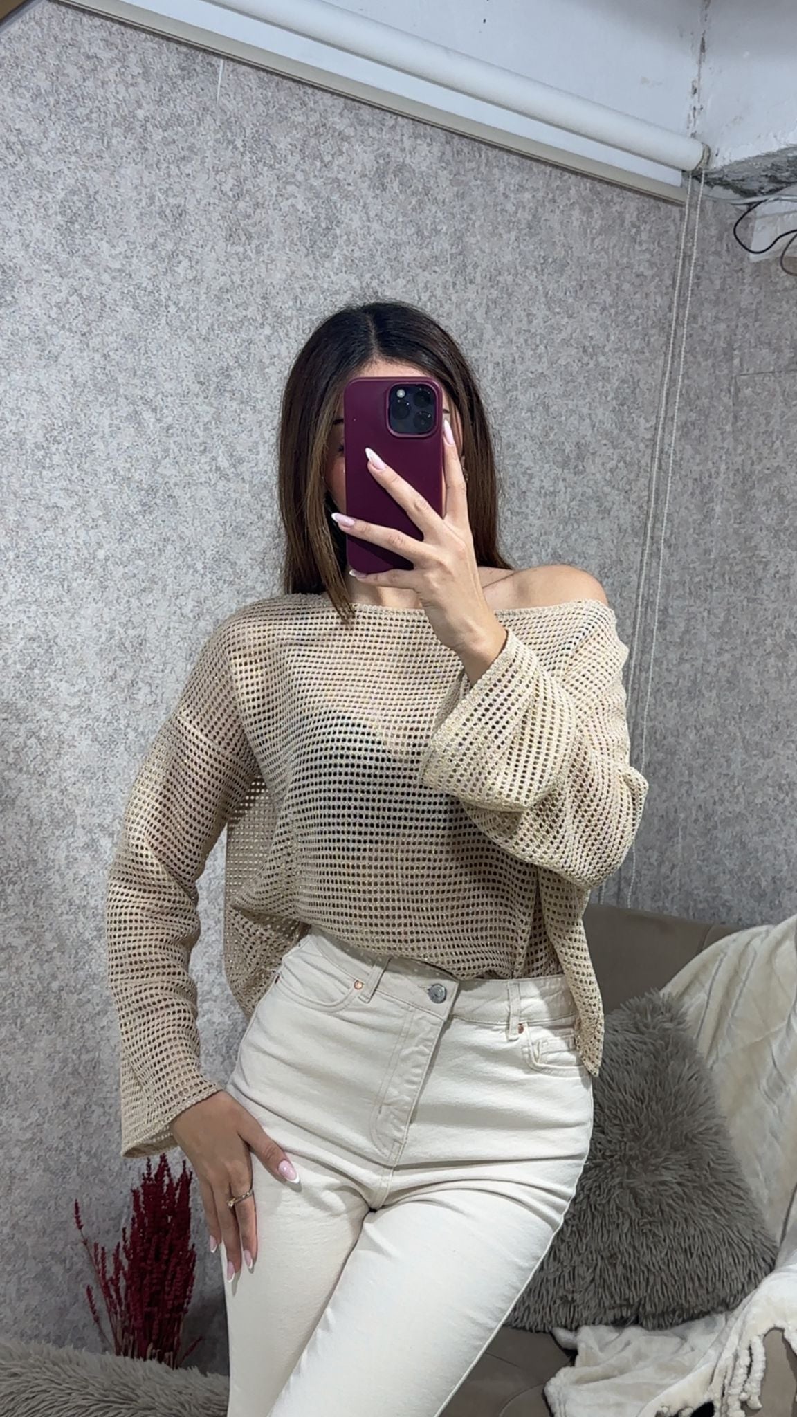 Lurexli Kayık Yaka Ajurlu Desen Bluz