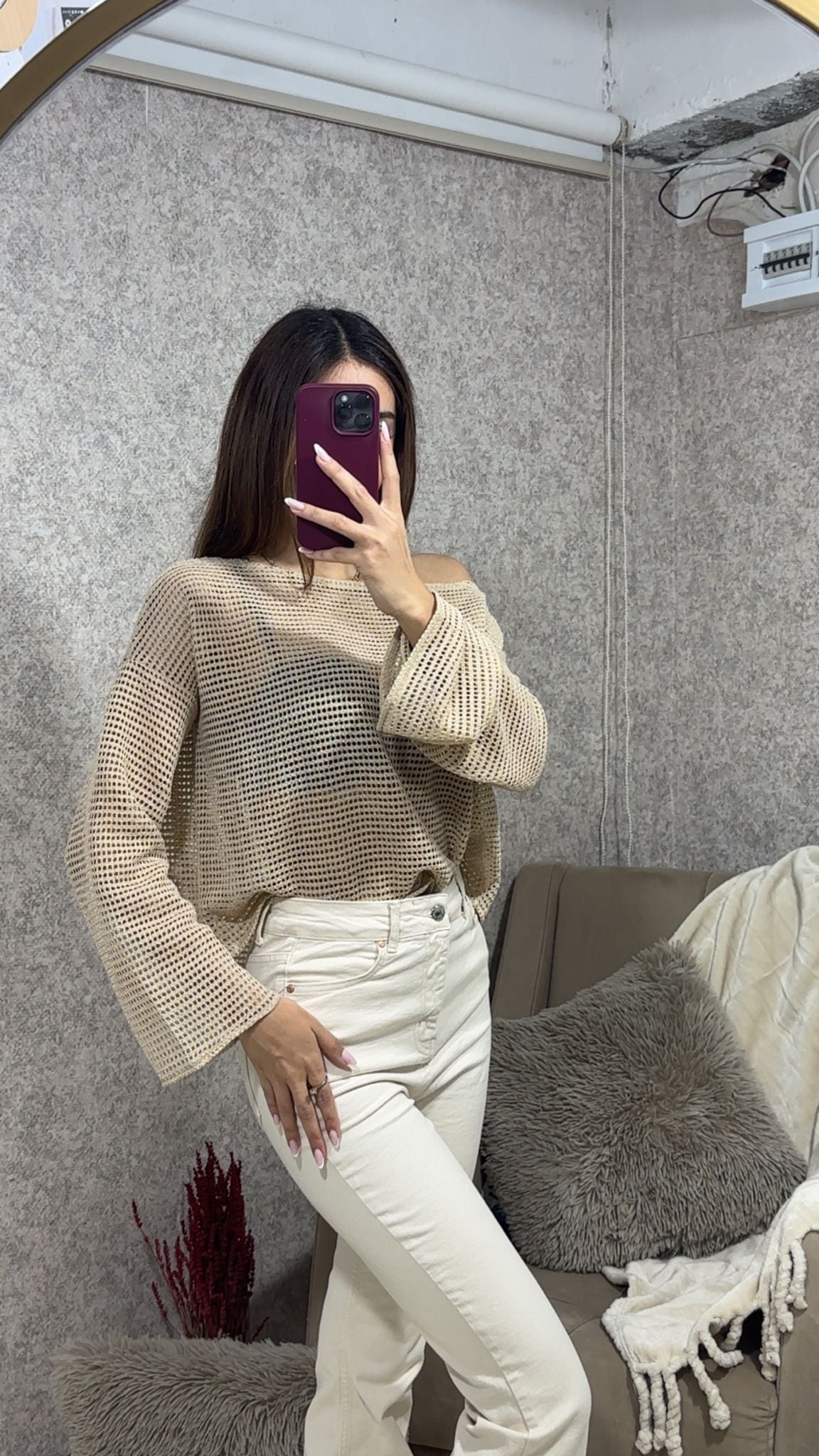 Lurexli Kayık Yaka Ajurlu Desen Bluz