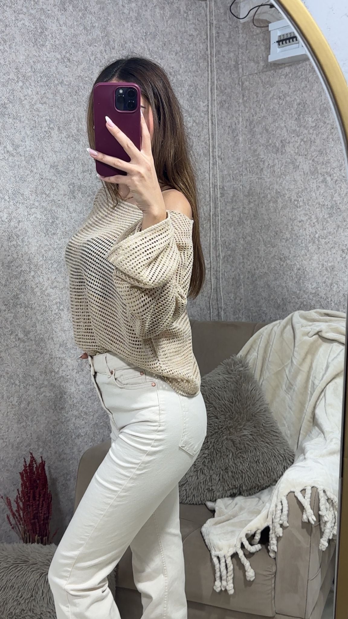 Lurexli Kayık Yaka Ajurlu Desen Bluz