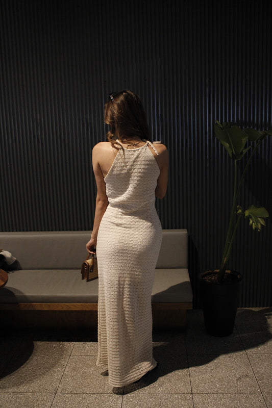 Halter Yaka Ekru Renk Natural Uzun Çan Elbise Luna Elbise