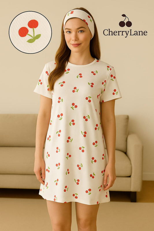 Kiraz Desenli Askılı Tişört Elbise & Saç Bandı