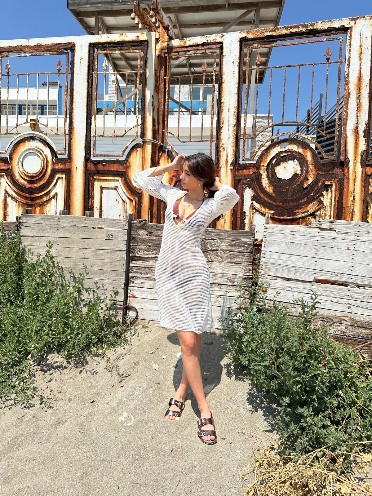 Beyaz File Triko Kısa Plaj Elbise V Yaka