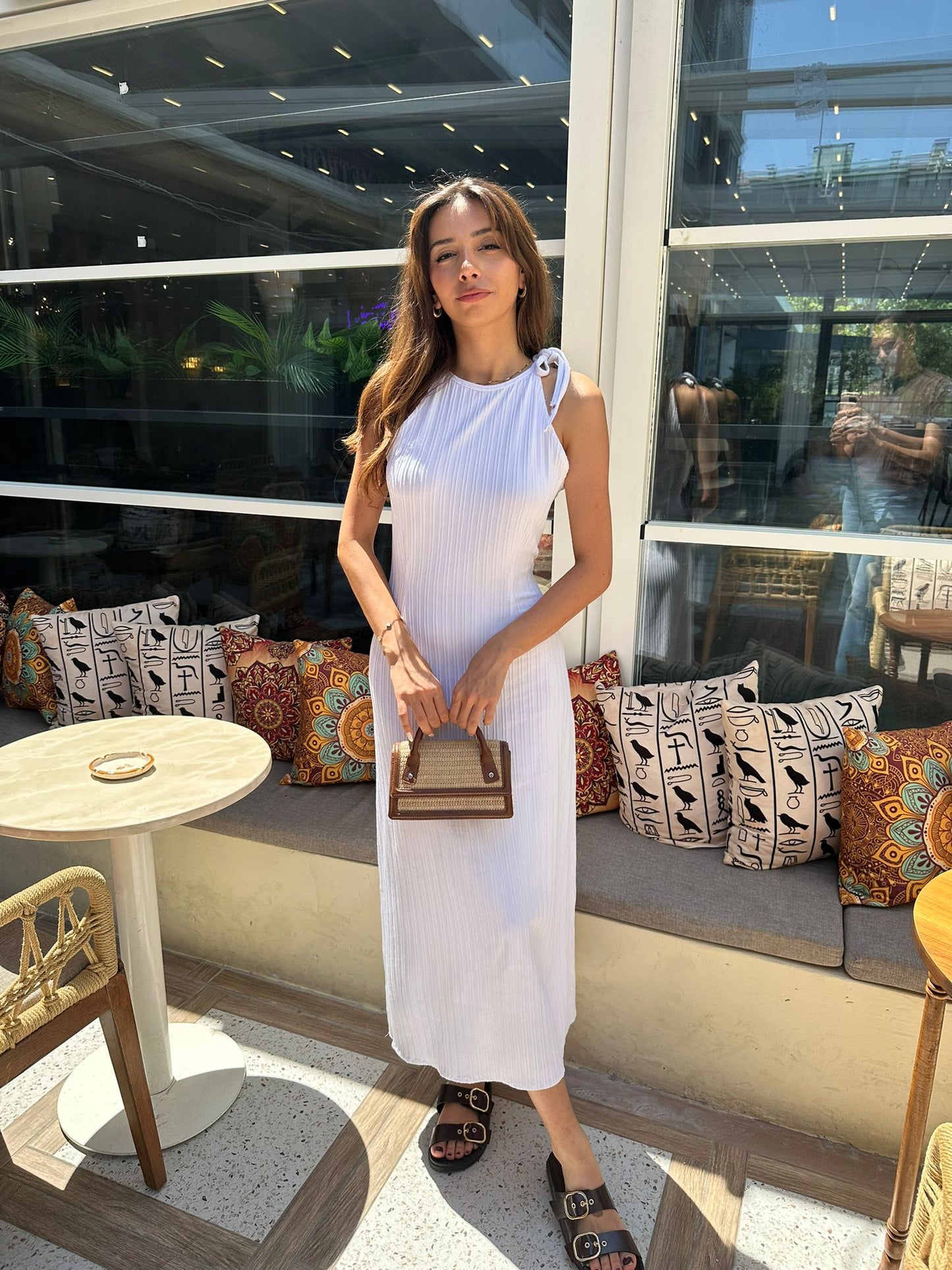 Beyaz Kendinden Nervürlü Askılı Yazlık Triko Elbise