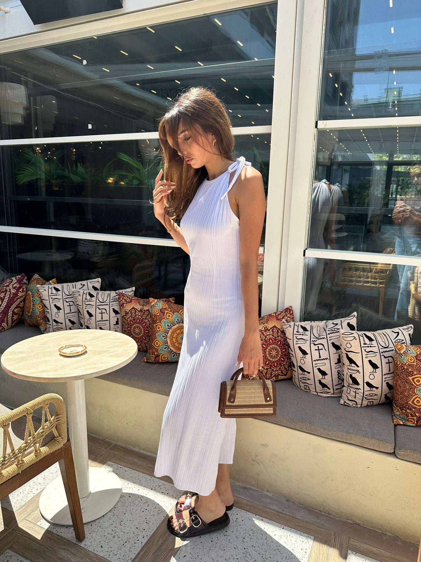 Beyaz Kendinden Nervürlü Askılı Yazlık Triko Elbise