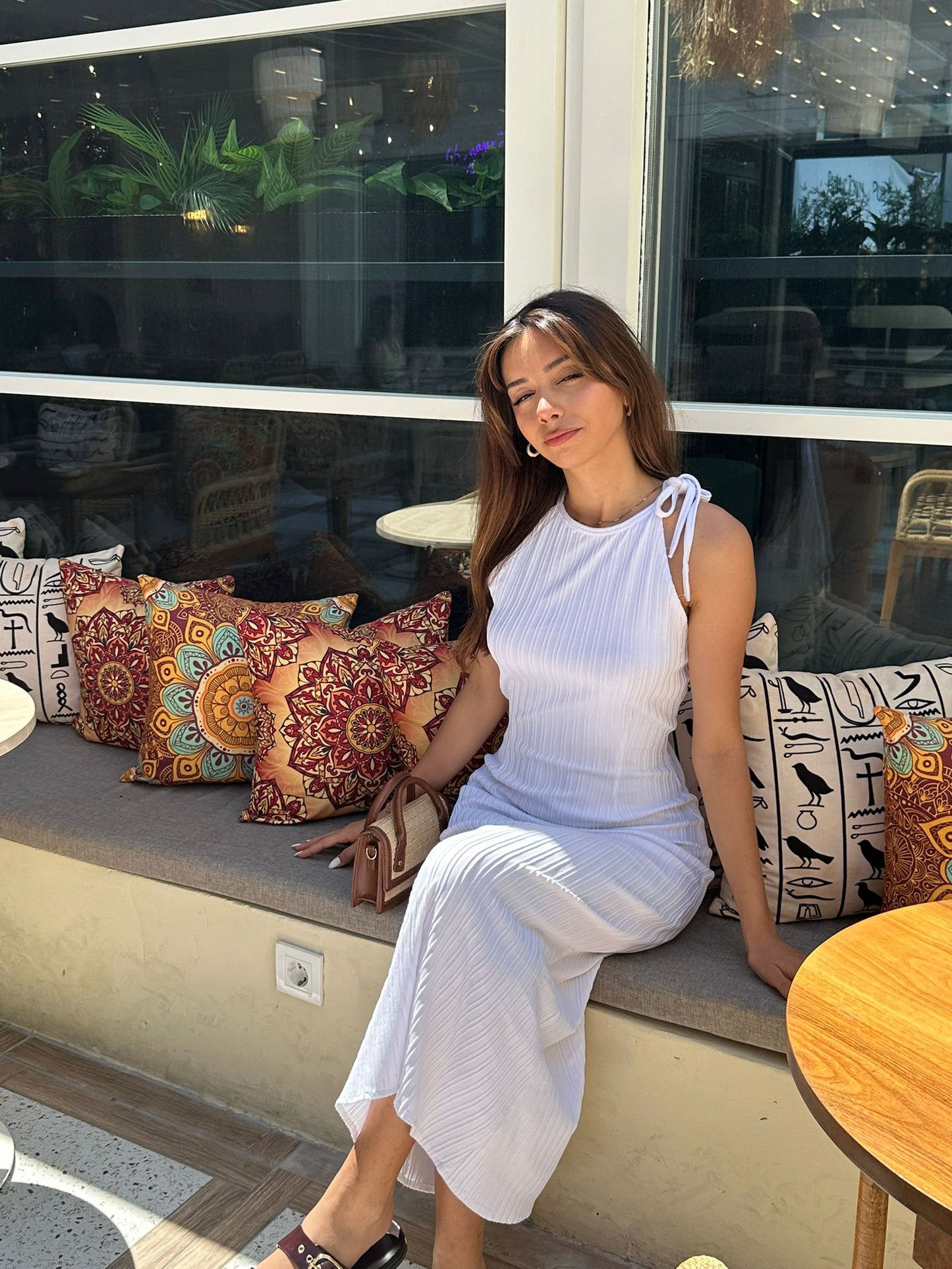 Beyaz Kendinden Nervürlü Askılı Yazlık Triko Elbise