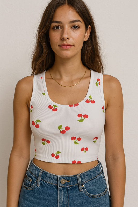 CherryLane Kiraz Desenli Ribanalı Beyaz Crop Atlet