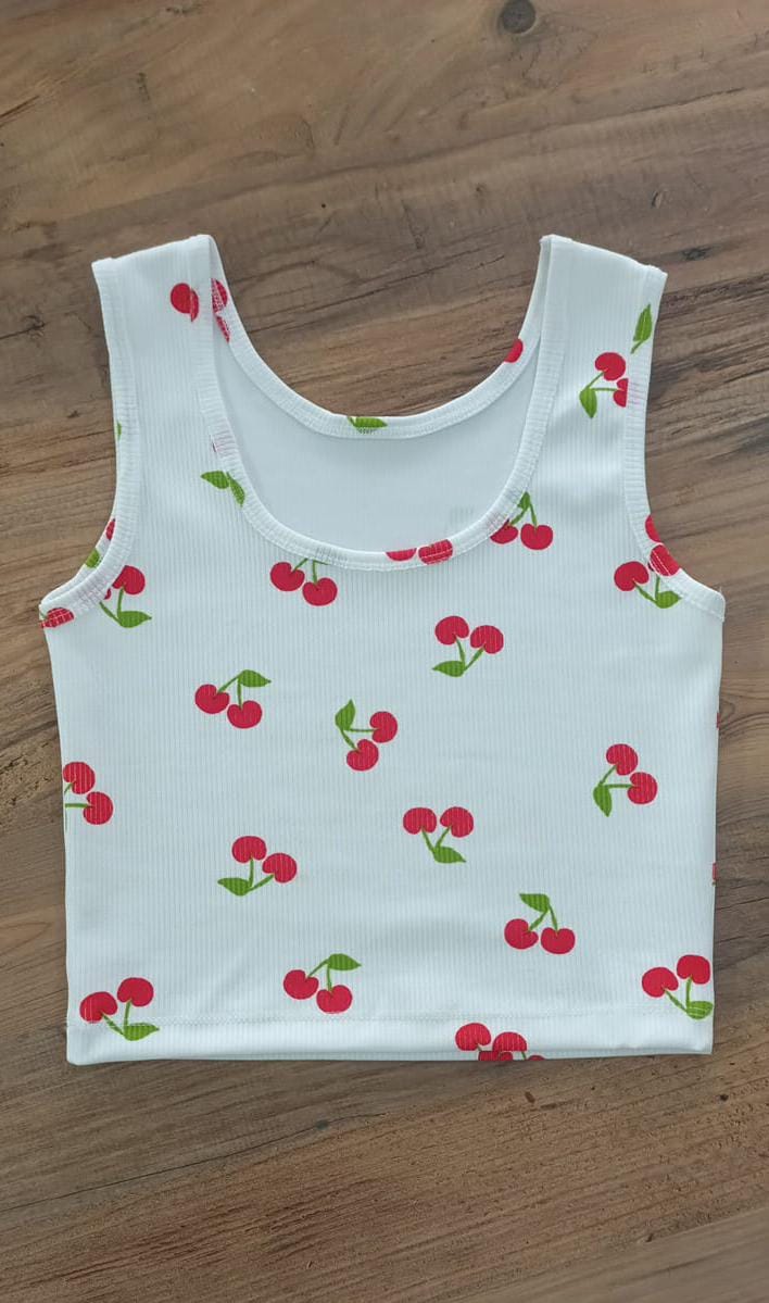 CherryLane Kiraz Desenli Ribanalı Beyaz Crop Atlet