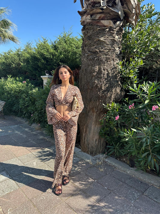 Leopar Desenli İspanyol Kollu Bol Paça Yazlık Takım
