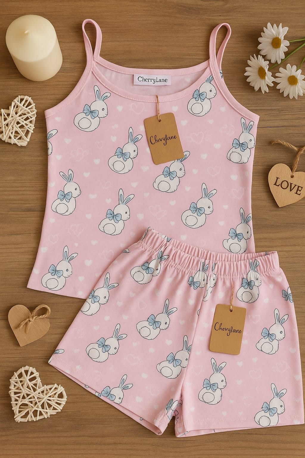 Tavşan Desenli Pembe Renk Atlet Şort Pijama Takımı