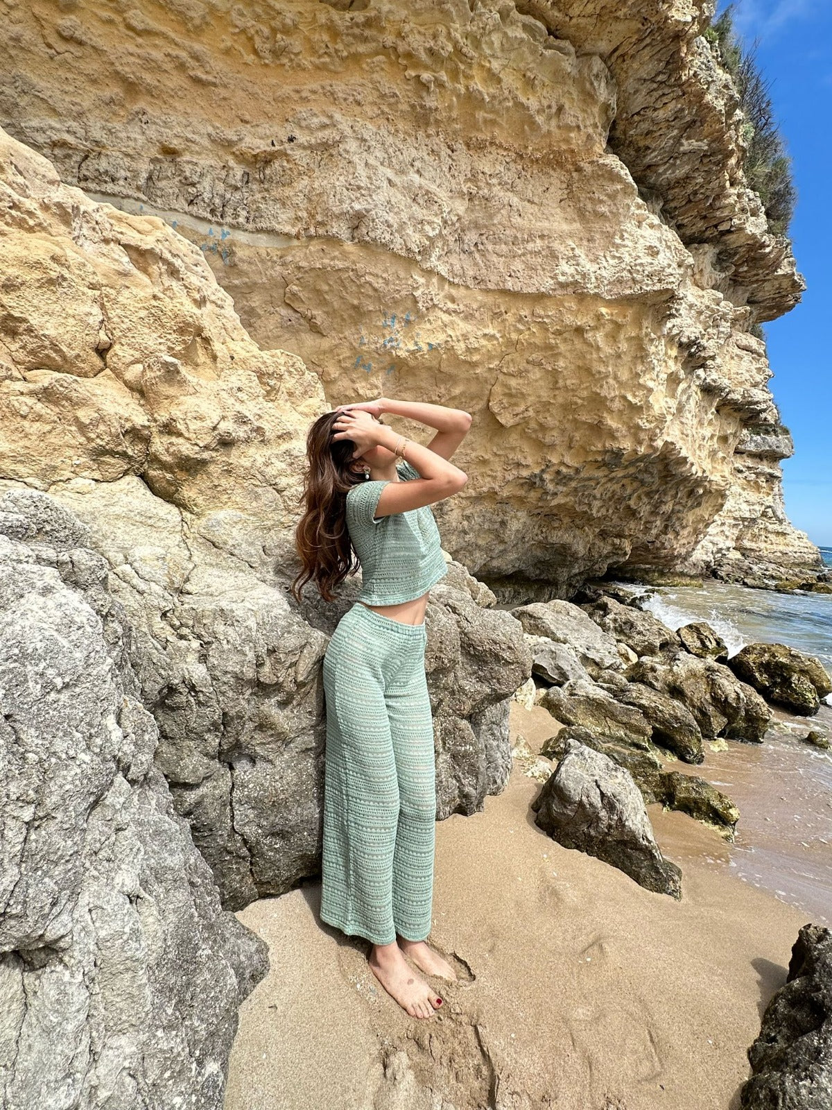 Yeşil Triko Transparan T-Shirt Pantolon Takım